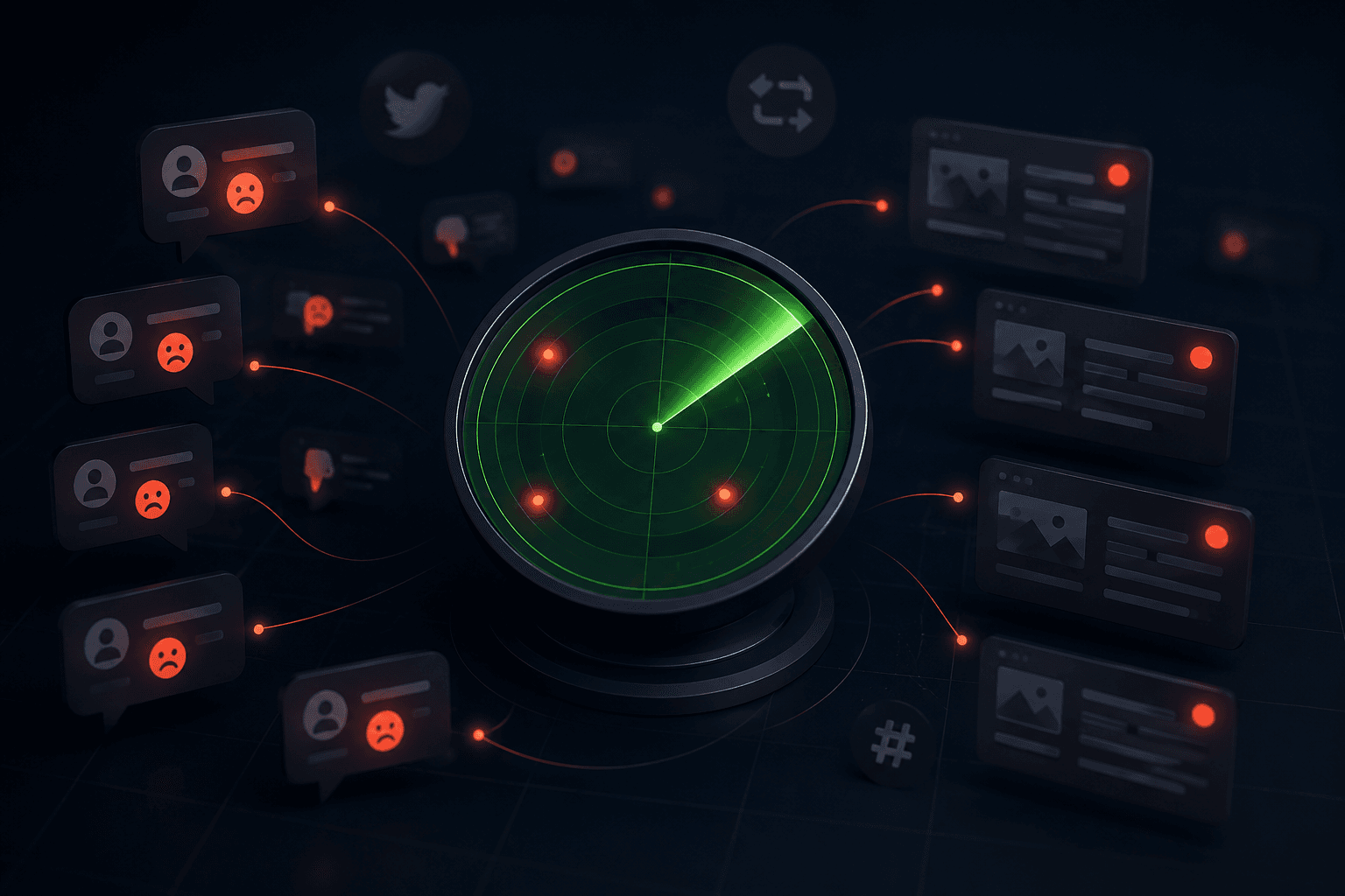 Radar reunindo comentários negativos e menções em redes sociais e portais.